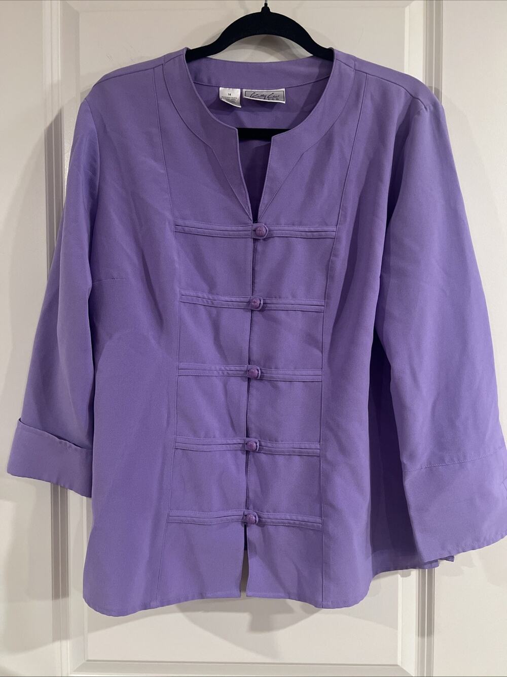 Cathy Che Stretch Purple Blouse Womens 14 Button Front Top 3/4 Sleeve